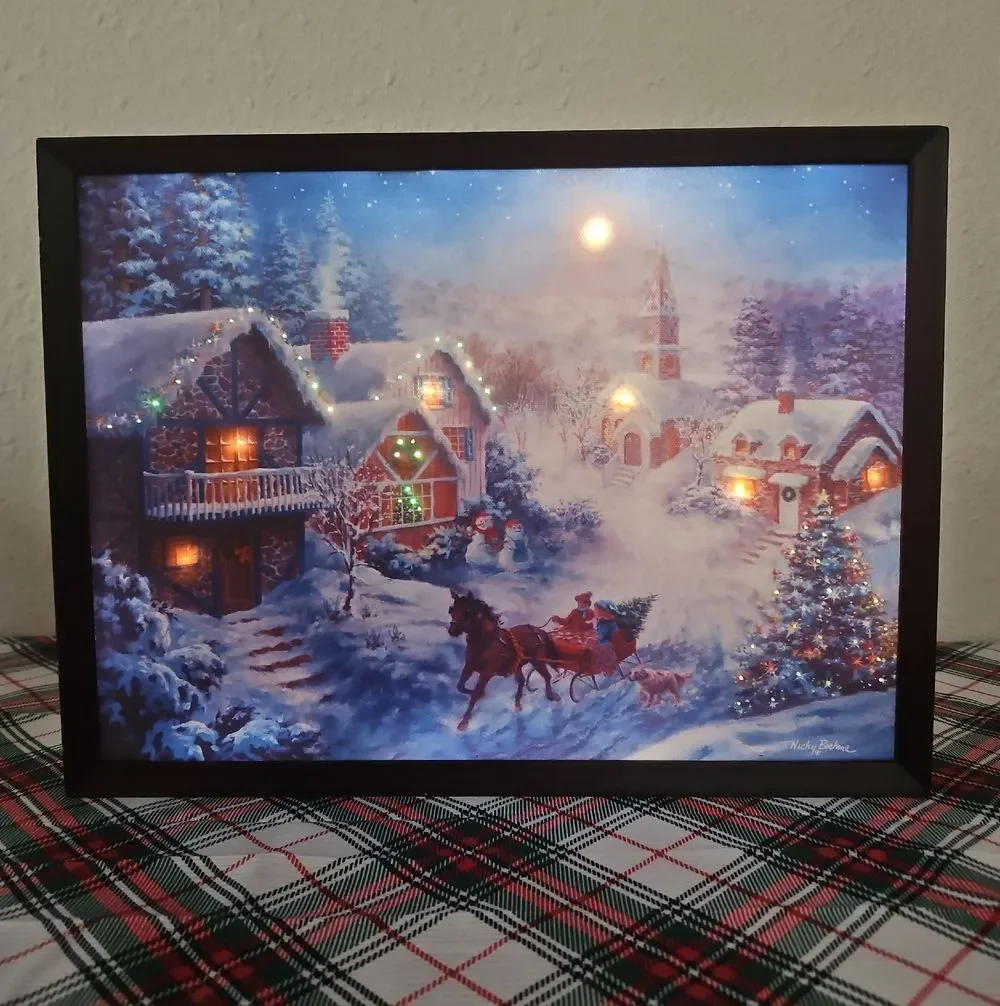 Mr. Christmas LED Illuminated In A One Horse Open Sleigh Canvas Art Wall Decor